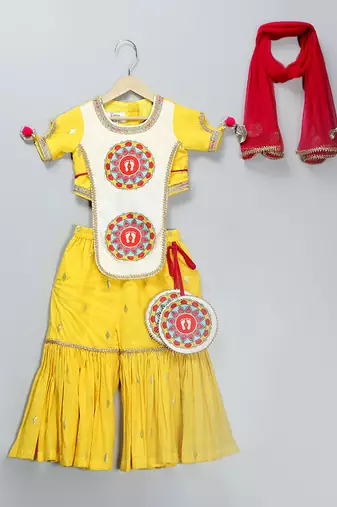Yellow woven cotton silk sharara set