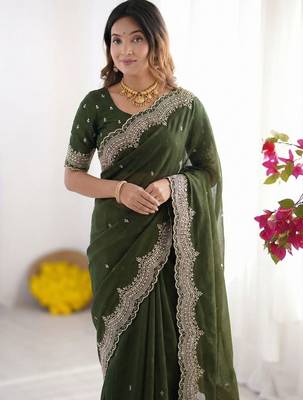green embellished embroidered poly georgette heavy work saree 3