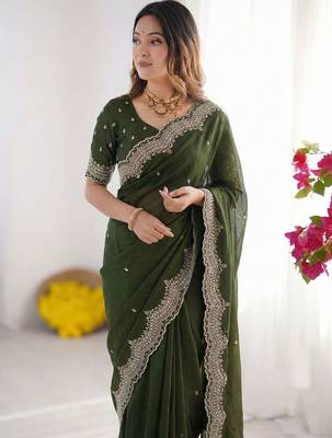 green embellished embroidered poly georgette heavy work saree 4