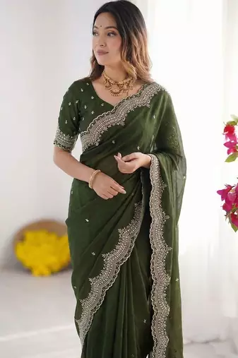 green embellished embroidered poly georgette heavy work saree