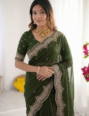 green embellished embroidered poly georgette heavy work saree 5