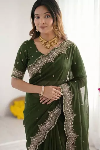 green embellished embroidered poly georgette heavy work saree