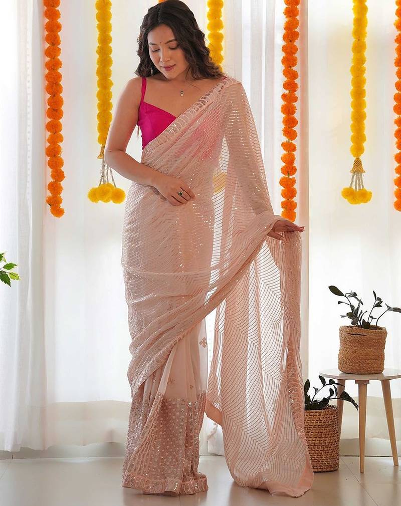 peach embellished sequinned  saree