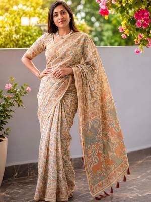 Off white floral printed kalamkari cotton saree 1