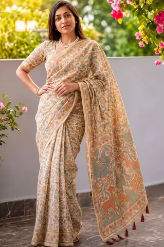 Off white floral printed kalamkari cotton saree