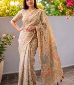 Off white floral printed kalamkari cotton saree