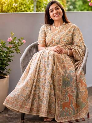 Off white floral printed kalamkari cotton saree 2