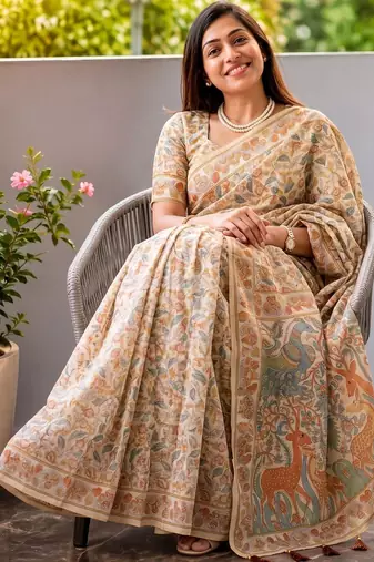 Off white floral printed kalamkari cotton saree