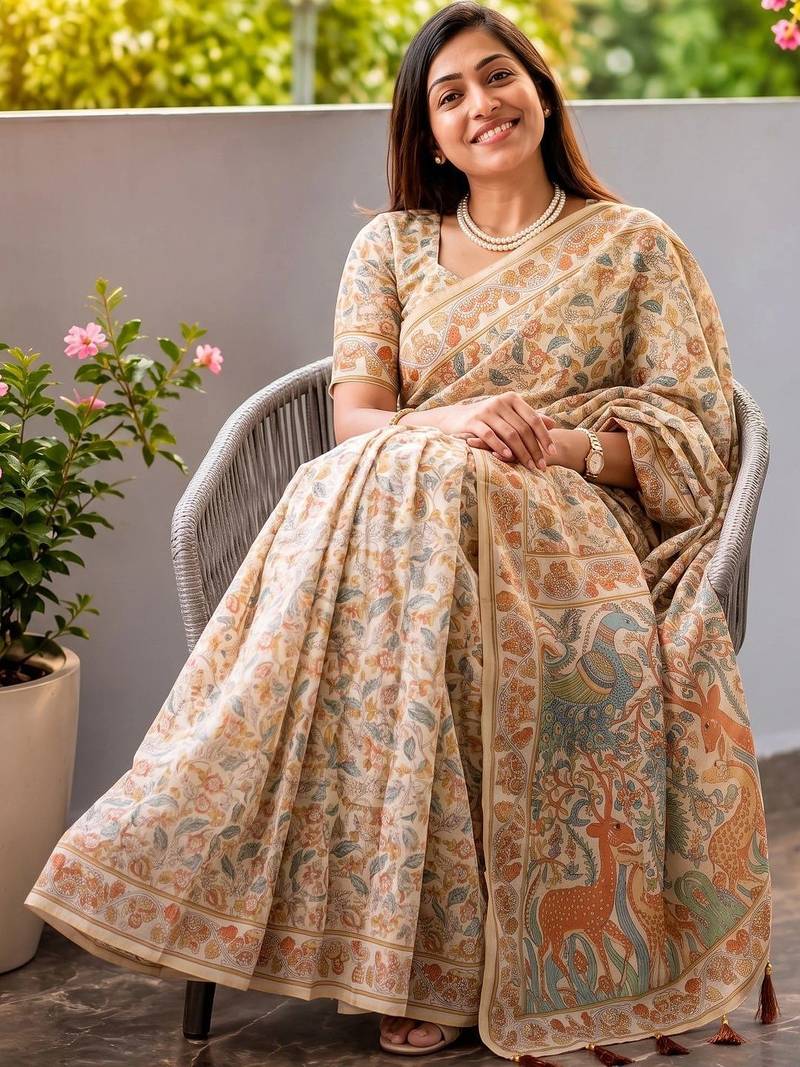 Off white floral printed kalamkari cotton saree