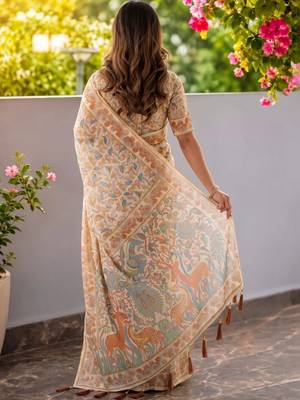 Off white floral printed kalamkari cotton saree 3