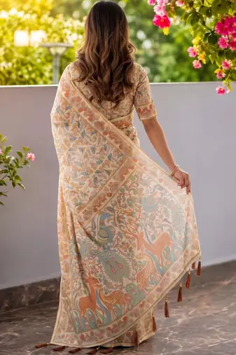Off white floral printed kalamkari cotton saree