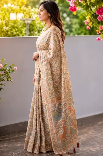 Off white floral printed kalamkari cotton saree
