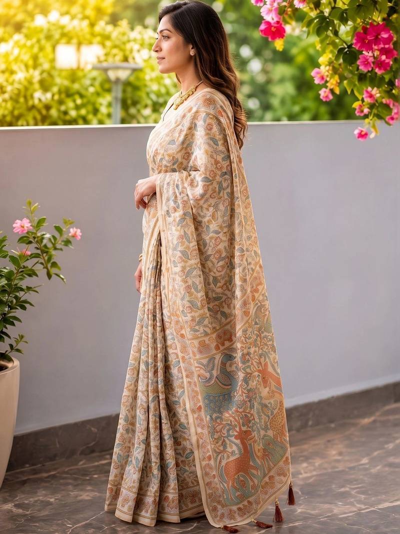 Off white floral printed kalamkari cotton saree