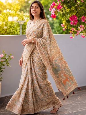 Off white floral printed kalamkari cotton saree 5