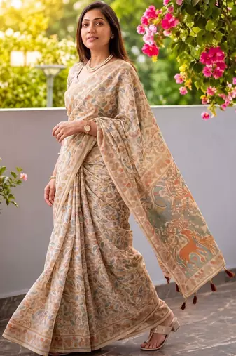 Off white floral printed kalamkari cotton saree