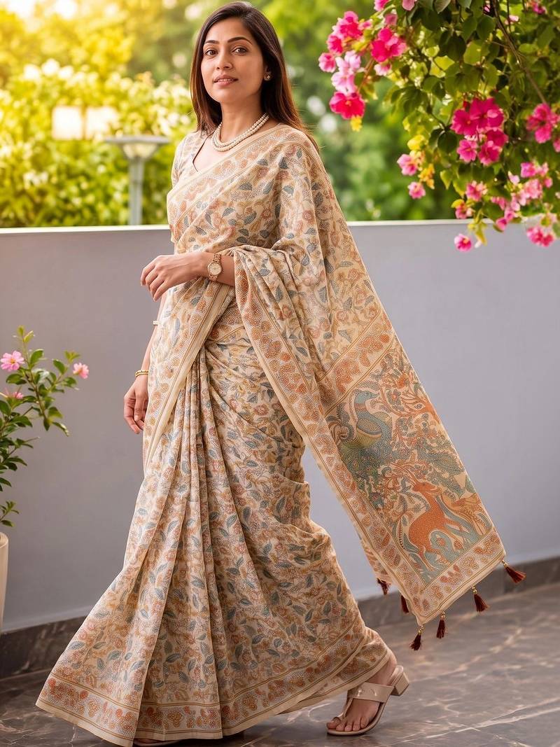 Off white floral printed kalamkari cotton saree