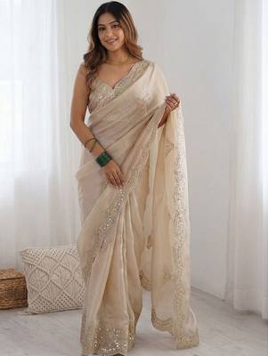 Cream embellished sequinned organza heavy work saree 1