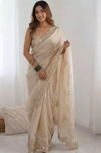 Cream embellished sequinned organza heavy work saree
