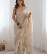 Cream embellished sequinned organza heavy work saree
