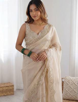 Cream embellished sequinned organza heavy work saree 2