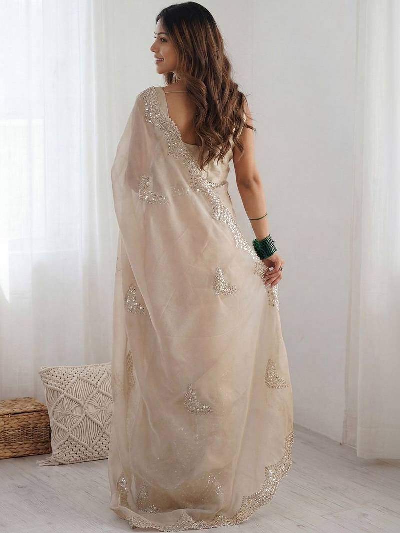 Cream embellished sequinned organza heavy work saree