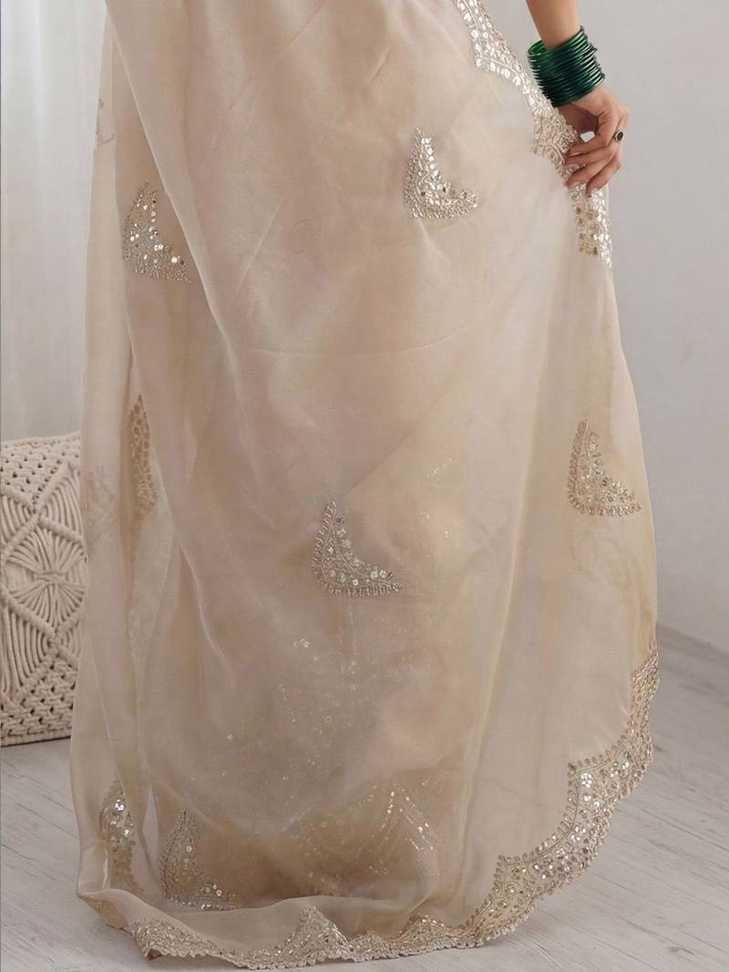 Cream embellished sequinned organza heavy work saree