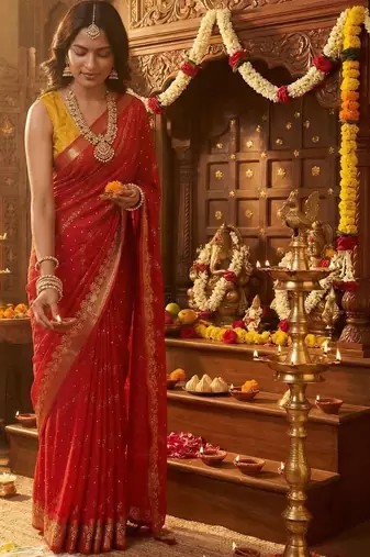 Red leheriya zari designer saree