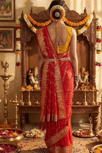 Red leheriya zari designer saree