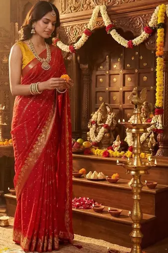 Red leheriya zari designer saree