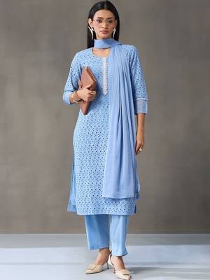 formal women embroidered regular chikankari cotton kurta with trousers & with dupatta 1