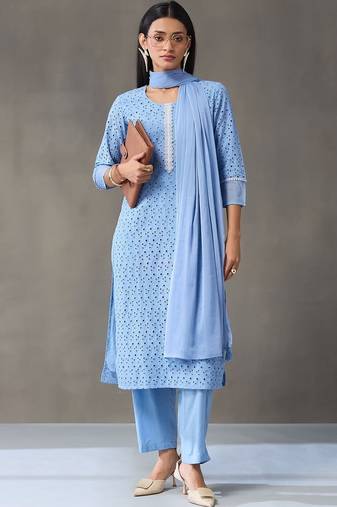 formal women embroidered regular chikankari cotton kurta with trousers & with dupatta