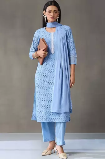 formal women embroidered regular chikankari cotton kurta with trousers & with dupatta
