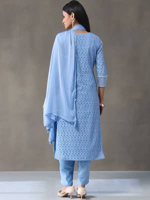 formal women embroidered regular chikankari cotton kurta with trousers & with dupatta 2