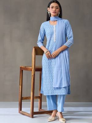 formal women embroidered regular chikankari cotton kurta with trousers & with dupatta 3