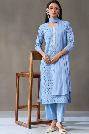 formal women embroidered regular chikankari cotton kurta with trousers & with dupatta