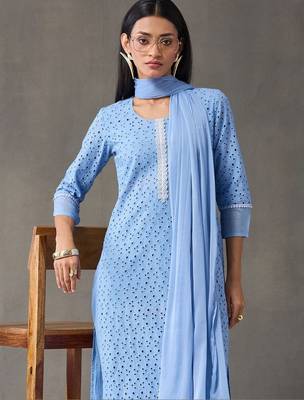 formal women embroidered regular chikankari cotton kurta with trousers & with dupatta 5