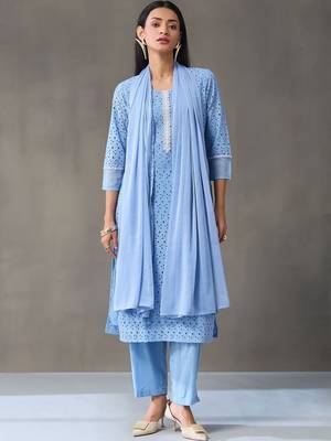 formal women embroidered regular chikankari cotton kurta with trousers & with dupatta 6