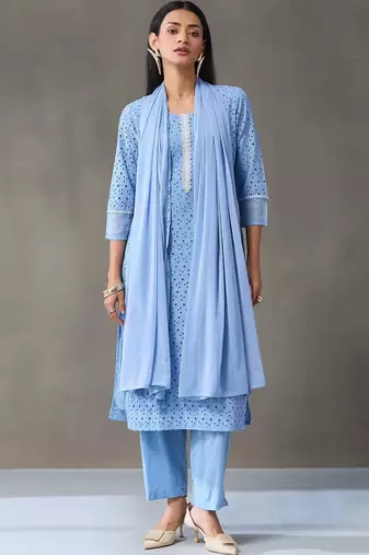 formal women embroidered regular chikankari cotton kurta with trousers & with dupatta