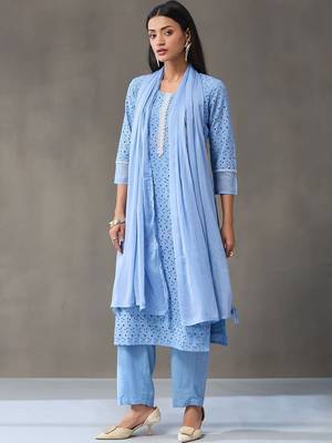 formal women embroidered regular chikankari cotton kurta with trousers & with dupatta 7