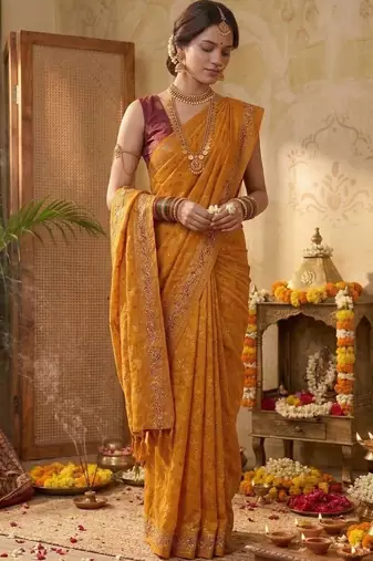 Mustard leheriya zari designer saree