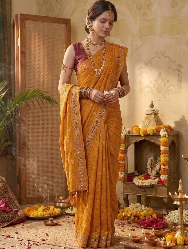 Mustard leheriya zari designer saree