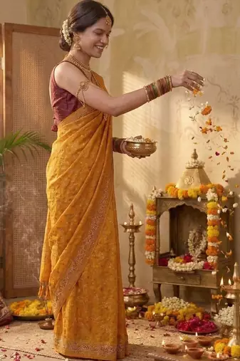 Mustard leheriya zari designer saree