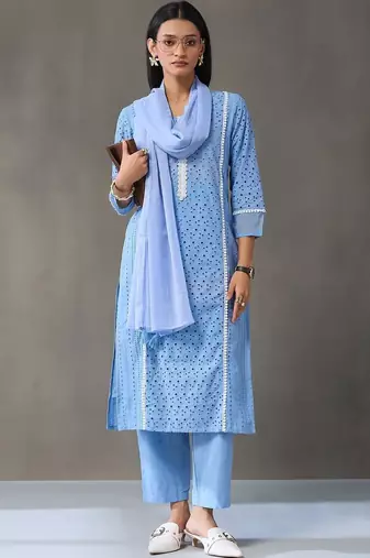 structured women ethnic motifs regular cotton kurta with trousers & with dupatta