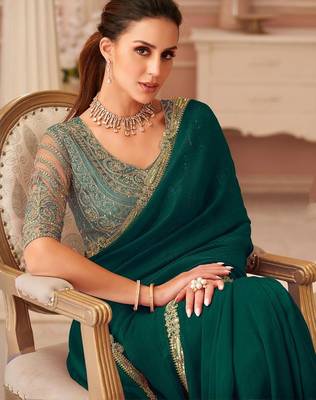 Green sequinned pure georgette saree 2