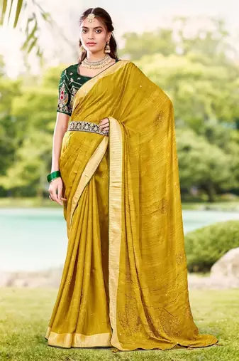 Mustard ethnic motifs woven design zari saree
