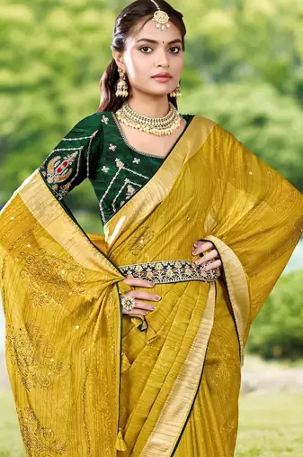 Mustard ethnic motifs woven design zari saree