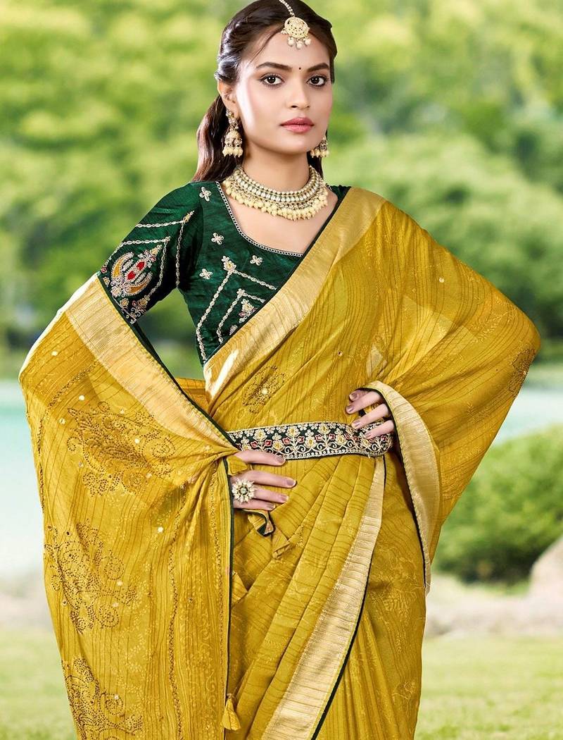 Mustard ethnic motifs woven design zari saree