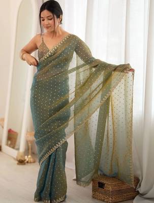 Teal embellished zari poly chiffon designer saree 1