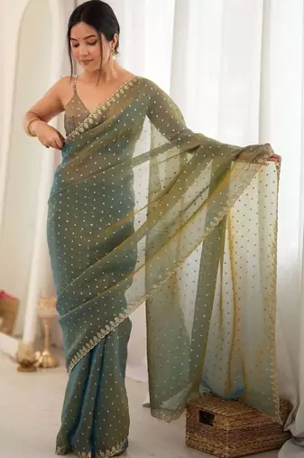 Teal embellished zari poly chiffon designer saree