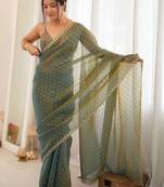 Teal embellished zari poly chiffon designer saree